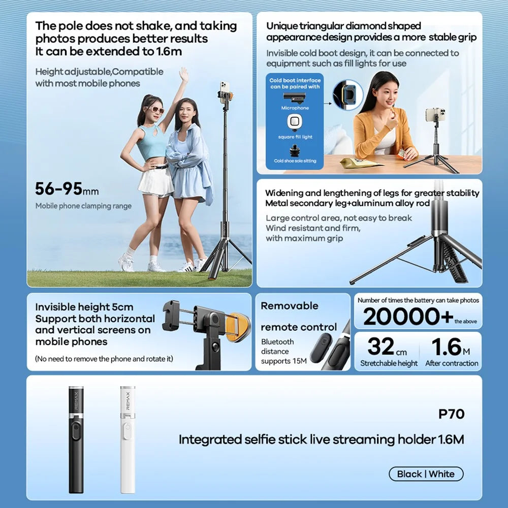REMAX P70 1.6cm Extendable Selfie Stick Multifunction Live Streaming Tripod Stand with Detachable Remote - Black - 3
