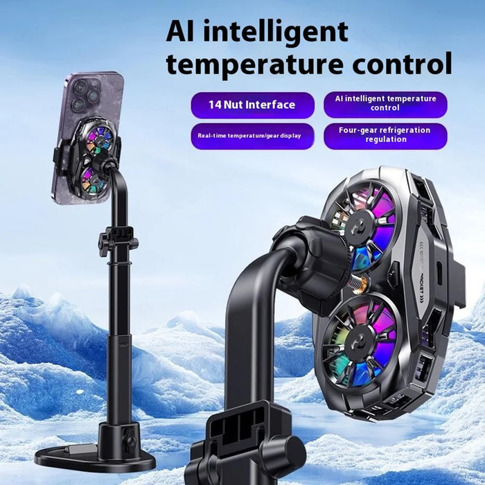 K19 Mobile Phone Cooler Fan Radiator with Digital Display  /  Dual Fans  /  RGB Lighting  /  Adjustable Speed - Black - 2