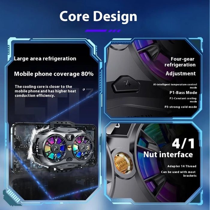 K19 Mobile Phone Cooler Fan Radiator with Digital Display  /  Dual Fans  /  RGB Lighting  /  Adjustable Speed - Black - 6