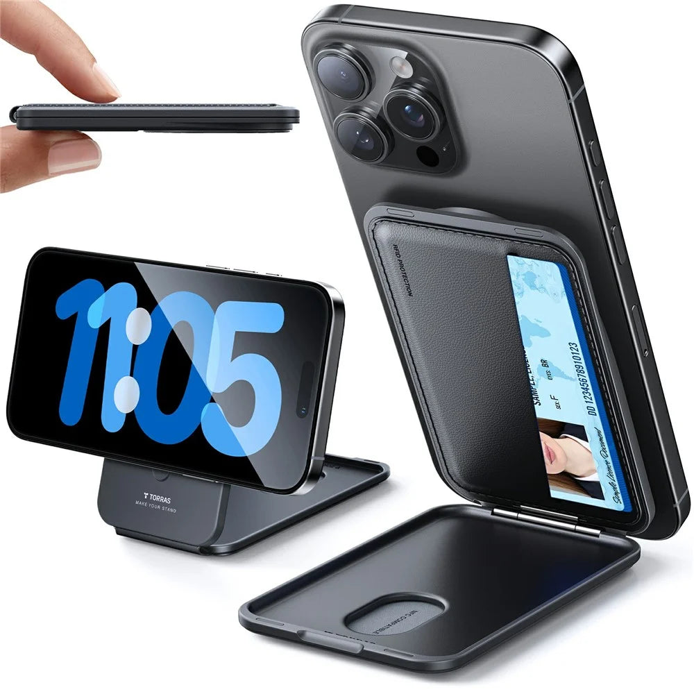 TORRAS Magnetic Card Holder 360° Rotatable Stand 3 Card Storage Pouch - Black - 1