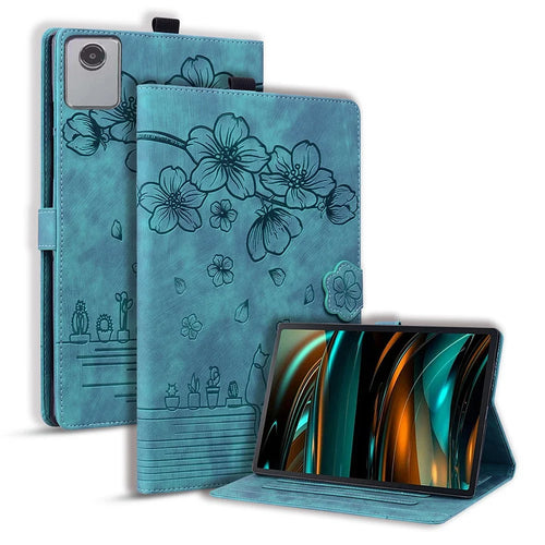 For Lenovo Xiaoxin Pad 11 2025 / Tab K11 Gen 2 TB336 / Idea Tab / Tab M11 Case Card Slots Leather Tablet Stand Folio Cover Flower Cat - Green - 1
