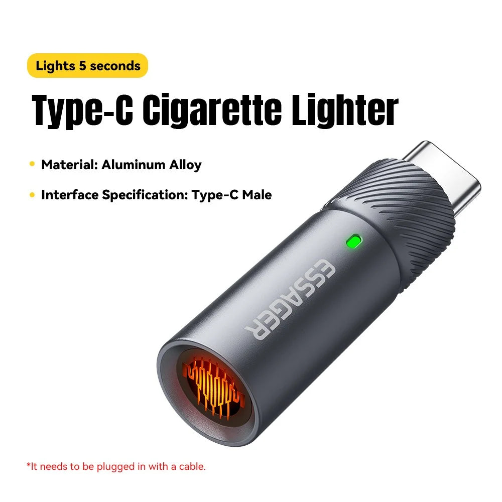 ESSAGER Aluminum Alloy Type-C Cigarette Lighter Tungsten Wire Heating Auto Shut Off - Type-C Male Connector - 4