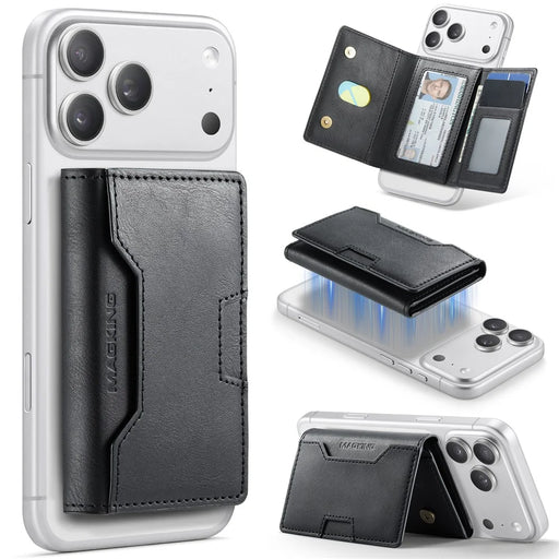 MAGKING K4 Card Holder Tri-Fold Magnetic RFID Blocking PU Leather Wallet - Black - 1