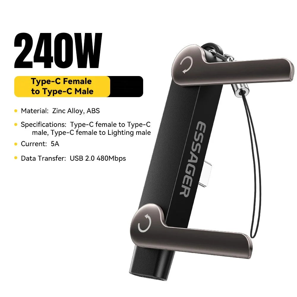 ESSAGER USB-C Female to USB-C Male Adapter 240W Fast Charging Converter 5A 40Gbps 90° L-Shape Stand - 3