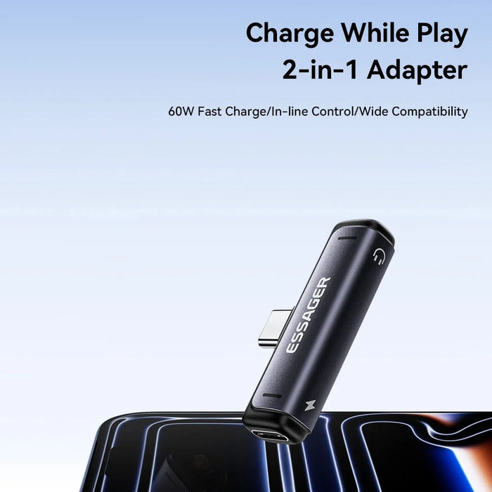 ESSAGER Type-C to Type-C Audio Charging Adapter 2 in 1 60W PD Fast Charging Converter for Phone Tablet - 4
