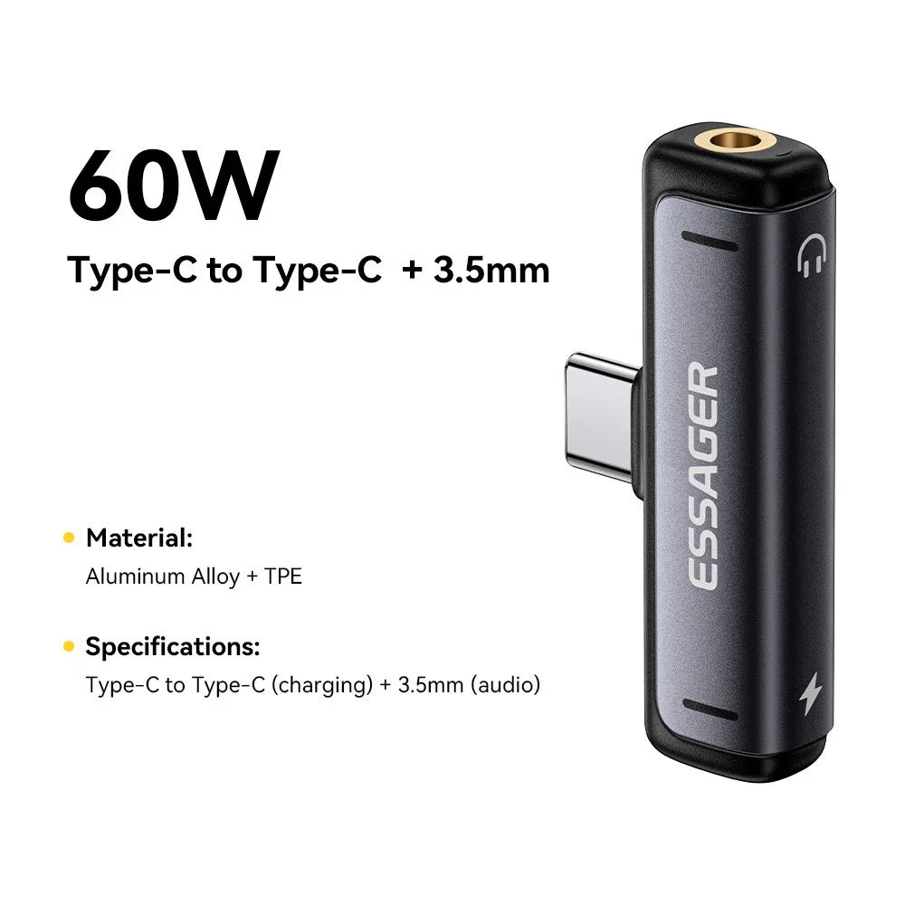 ESSAGER 2-in-1 Adapter Type-C to Type-C 3.5mm (Audio) PD60W Fast Charging Converter for Phone Tablet - 2