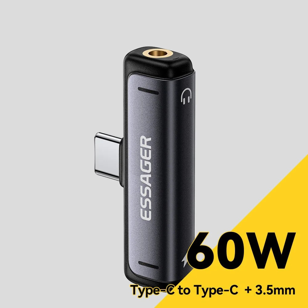 ESSAGER 2-in-1 Adapter Type-C to Type-C 3.5mm (Audio) PD60W Fast Charging Converter for Phone Tablet - 3