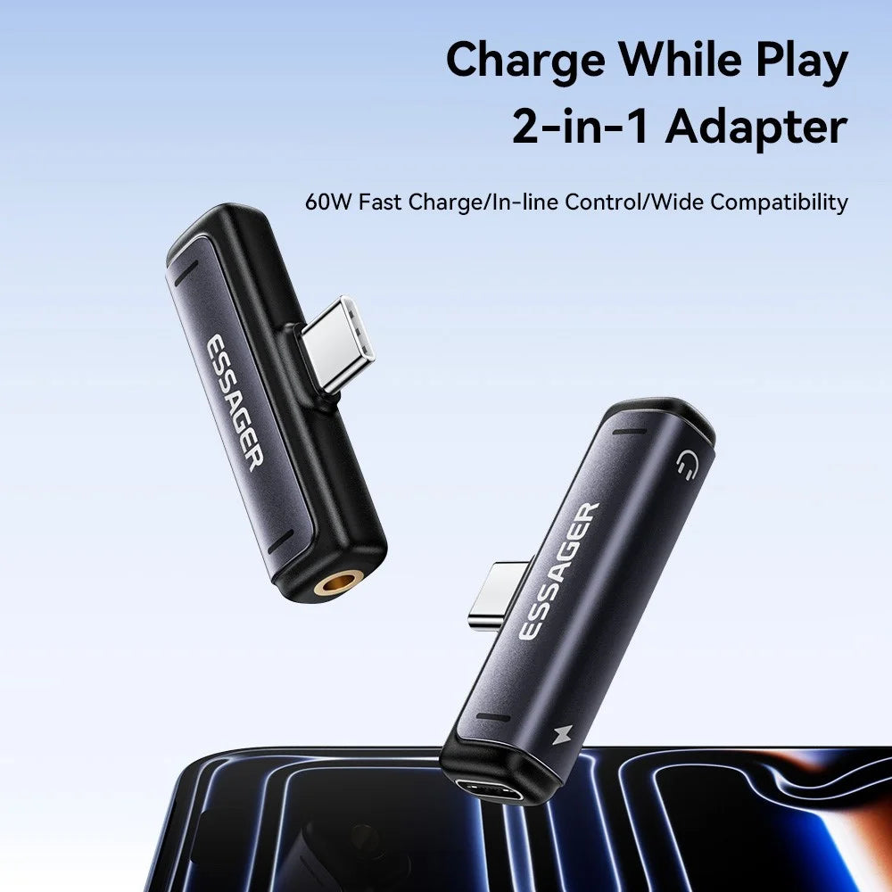 ESSAGER 2-in-1 Adapter Type-C to Type-C 3.5mm (Audio) PD60W Fast Charging Converter for Phone Tablet - 4