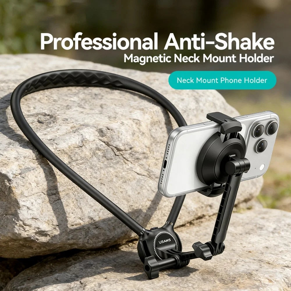 USAMS JOY02 Neck Mount Magnetic Phone Holder 360 Degree Rotation Hands-Free Stand for Vlogging Cycling Fishing - Black - 2
