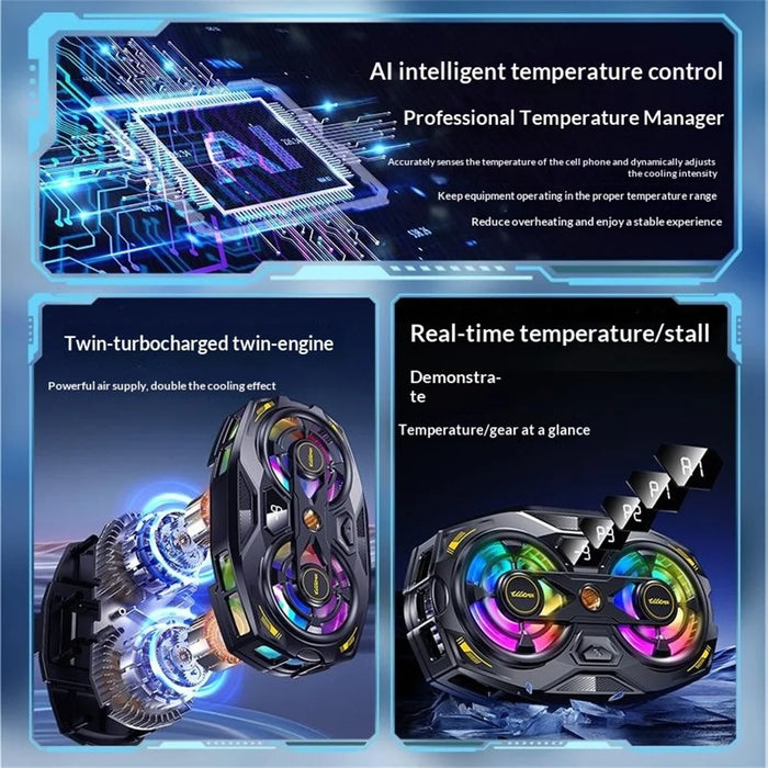 K32 Semiconductor Phone Cooler Dual Fan AI Temperature Control RGB Gaming Phone Radiator for Live Streaming- Black - 4