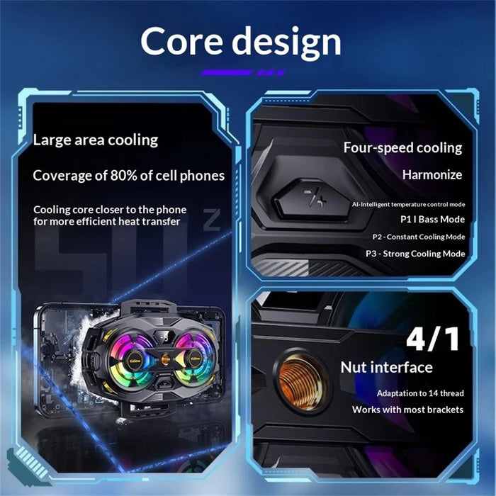 K32 Semiconductor Phone Cooler Dual Fan AI Temperature Control RGB Gaming Phone Radiator for Live Streaming- Black - 5