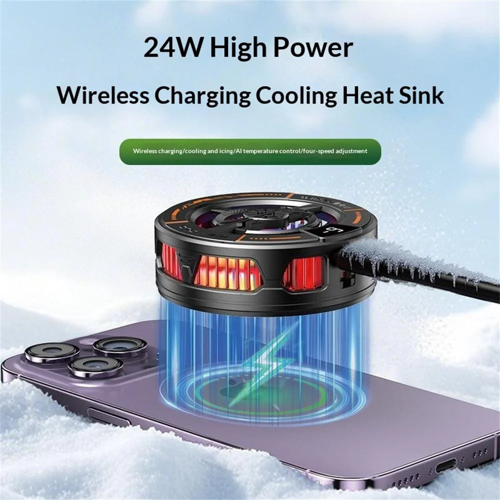 K28 2-in-1 Wireless Charger Phone Cooler 15W Magnetic Charging Cooling Fan with Digital Display for Gaming - Black - 4