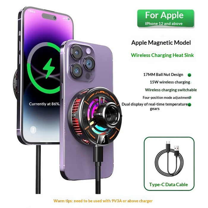 K29 Wireless Charger Cooling Heat Sink 15W Fast Charging 2-in-1 Magnetic Phone Cooler for Gaming - Black - 3