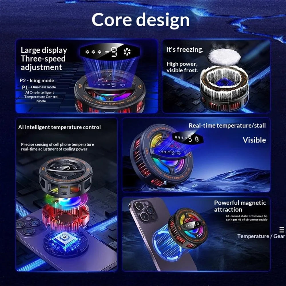 K26 Magnetic Phone Cooler with Clamp AI Smart Temperature Control RGB Light Cooling Fan for Gaming - Black - 6
