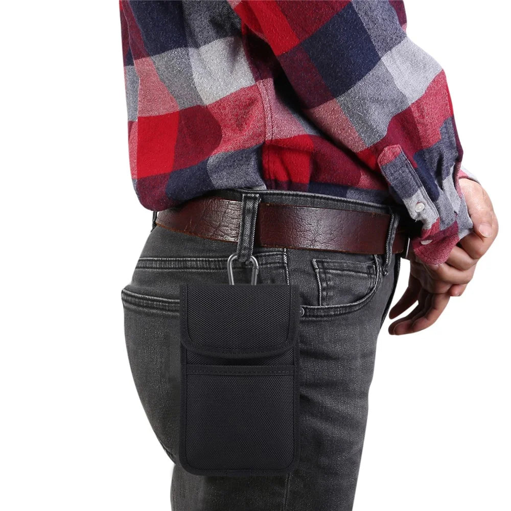 Nylon Waist Bag for 5.5-6.1 inch Phones Outdoor Belt Holster Card Holder with Carabiner - Black - 5