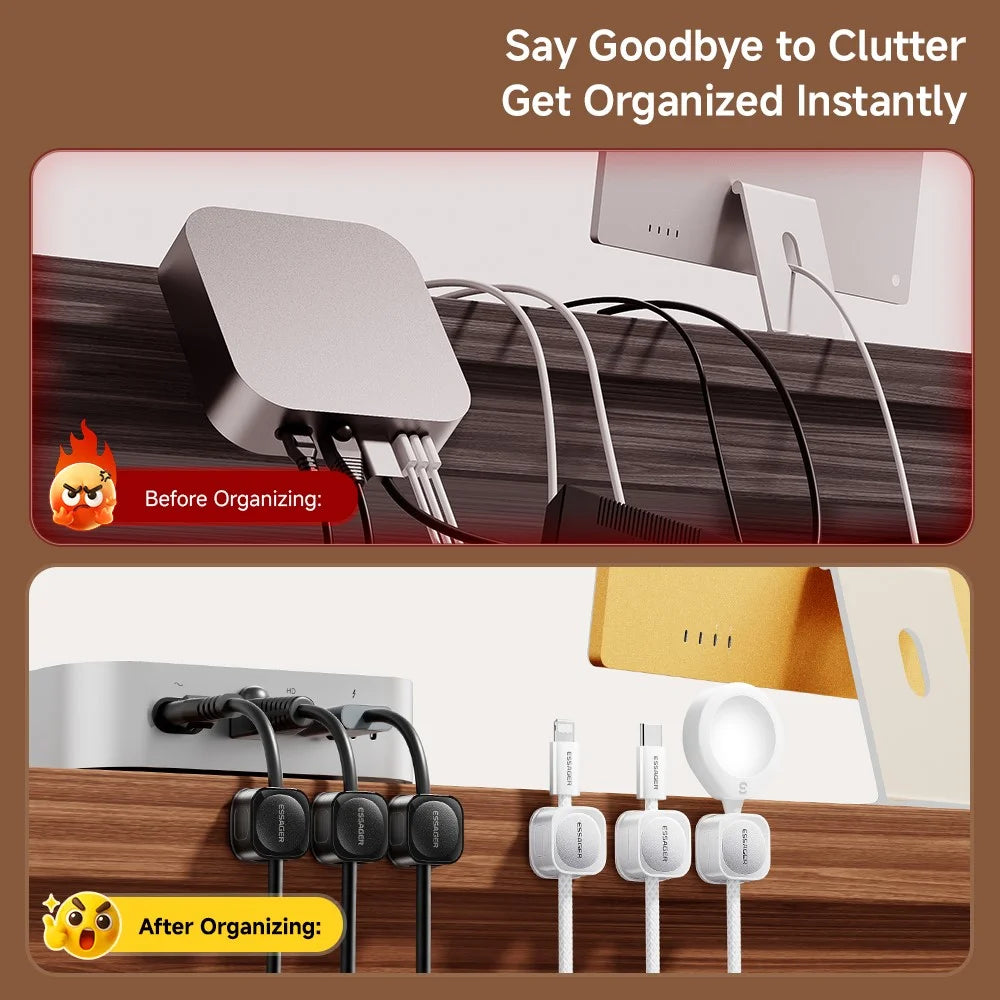 ESSAGER ES-ZL01 Magnetic Cable Organizer Desk Cord Holder with Strong Adhesive Backing 4 Rollers Wire Management Clip Keeper - Black - 4
