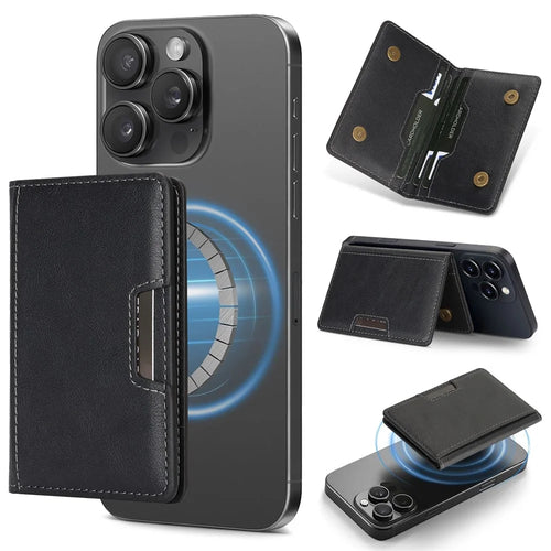 Magnetic Card Slots Holder PU Leather Wallet Sleeve Attachment Phone Stand - Black - 1