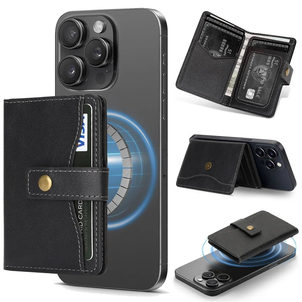 Magnetic Phone Wallet PU Leather Card Holder with Stand Function - Black - 1