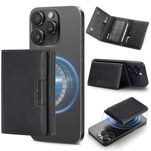 Magnetic Card Holder Tri-Fold PU Leather Wallet Stand Compatible with MagSafe - Black - 1