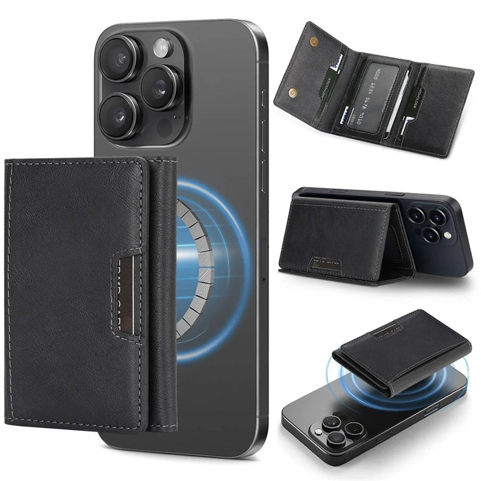 Magnetic Card Holder Tri-Fold PU Leather Wallet Stand Compatible with MagSafe - Black - 1