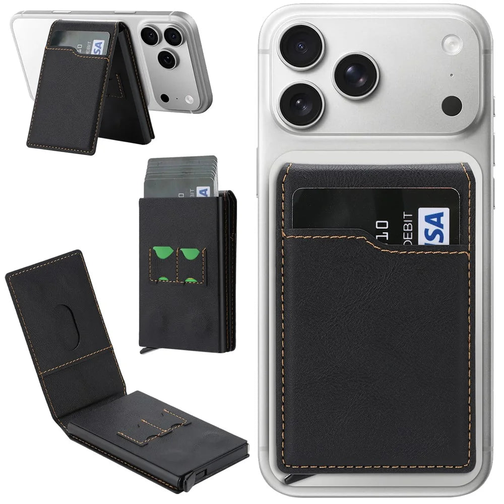 Magnetic Phone Wallet Card Organizer for iPhone 12-17 Series PU Leather Card Holder with Stand - Black - 1