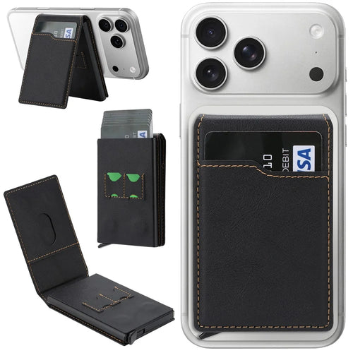 Magnetic Phone Wallet Card Organizer for iPhone 12-17 Series PU Leather Card Holder with Stand - Black - 1