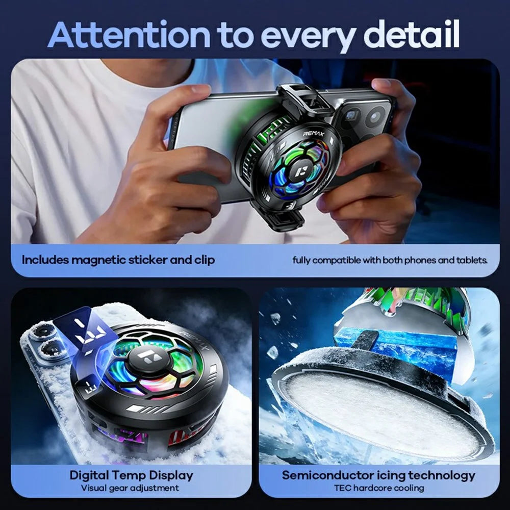 REMAX RT-F13 Magnetic Clamp Phone Cooler 3-Speed Adjustable Semiconductor Cooling Fan for Gaming - Black - 5