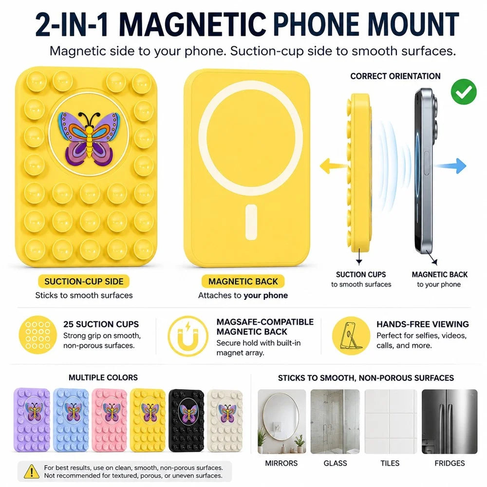 Butterfly Pattern Magnetic Suction Cup Phone Mount Compatible with MagSafe Case Silicone Sticky Grip Holder - Yellow - 4