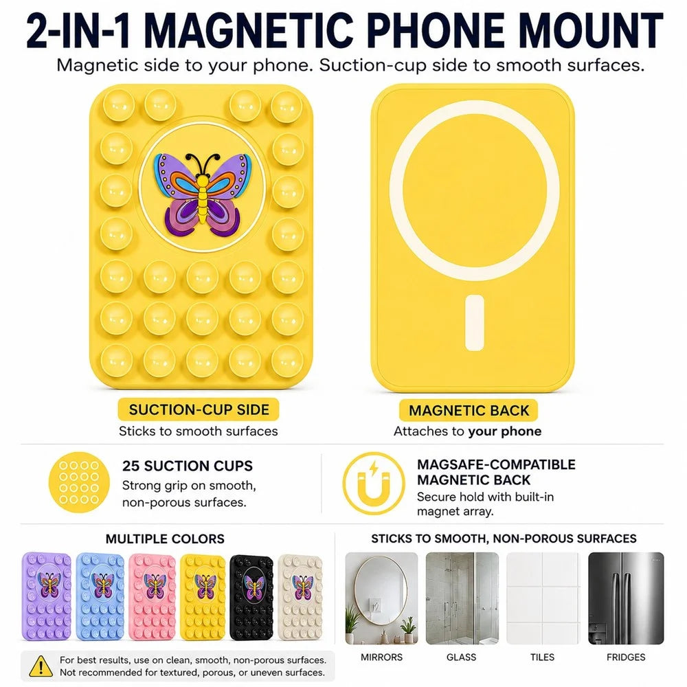Butterfly Pattern Magnetic Suction Cup Phone Mount Compatible with MagSafe Case Silicone Sticky Grip Holder - Yellow - 5