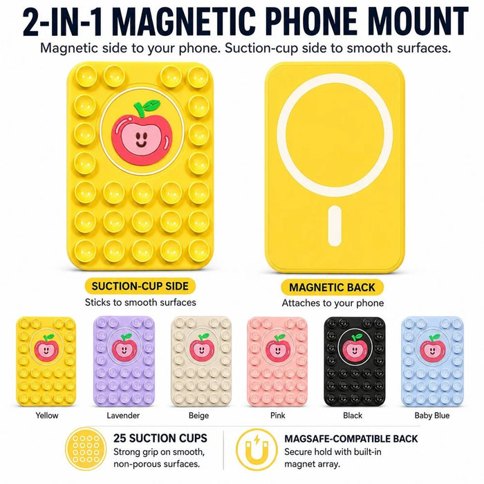 Apple Pattern Magnetic Suction Cup Phone Mount Compatible with MagSafe Case Silicone Sticky Grip Holder - Yellow - 2