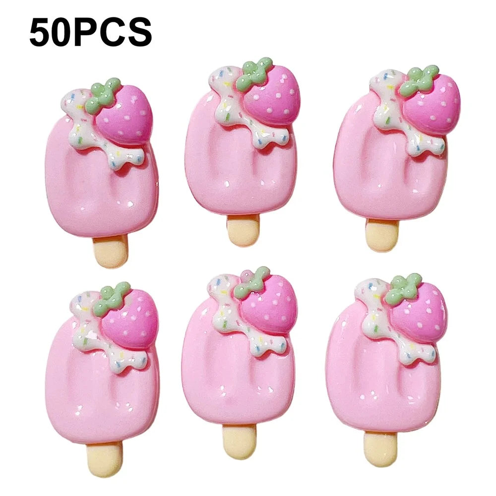 50Pcs DIY Ice Cream Popsicle Charms Strawberry PC Decorations for Phone Case Hair Accessories - Pink - 1