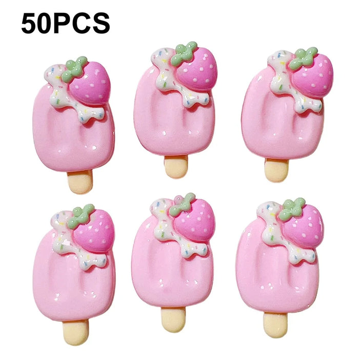 50Pcs DIY Ice Cream Popsicle Charms Strawberry PC Decorations for Phone Case Hair Accessories - Pink - 1