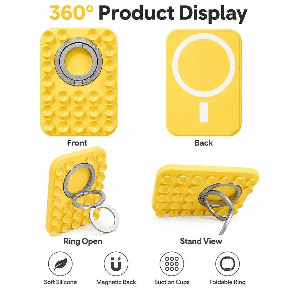 2 in 1 Magnetic Suction Phone Stand Suction Cups Silicone Foldable Ring Phone Grip Holder Compatible with MagSafe - Yellow - 2