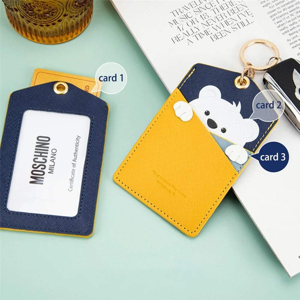 Cute Cartoon Animal ID Badge Holder with Key Ring PU Leather Card Holder Case - Bear - 2