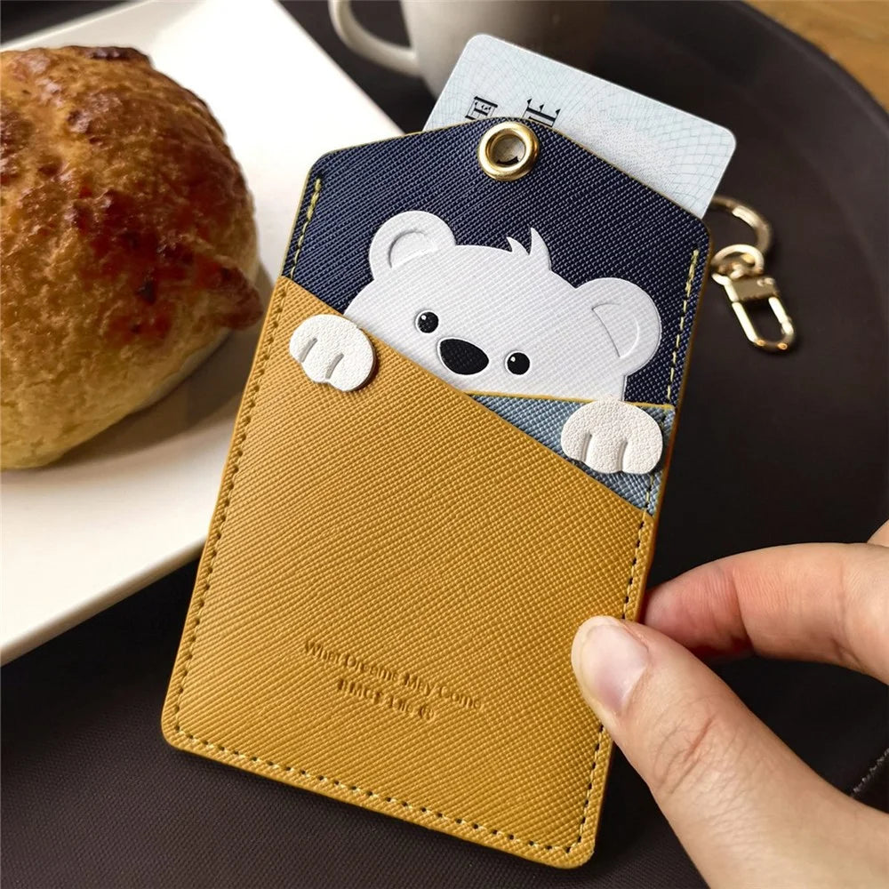 Cute Cartoon Animal ID Badge Holder with Key Ring PU Leather Card Holder Case - Bear - 3