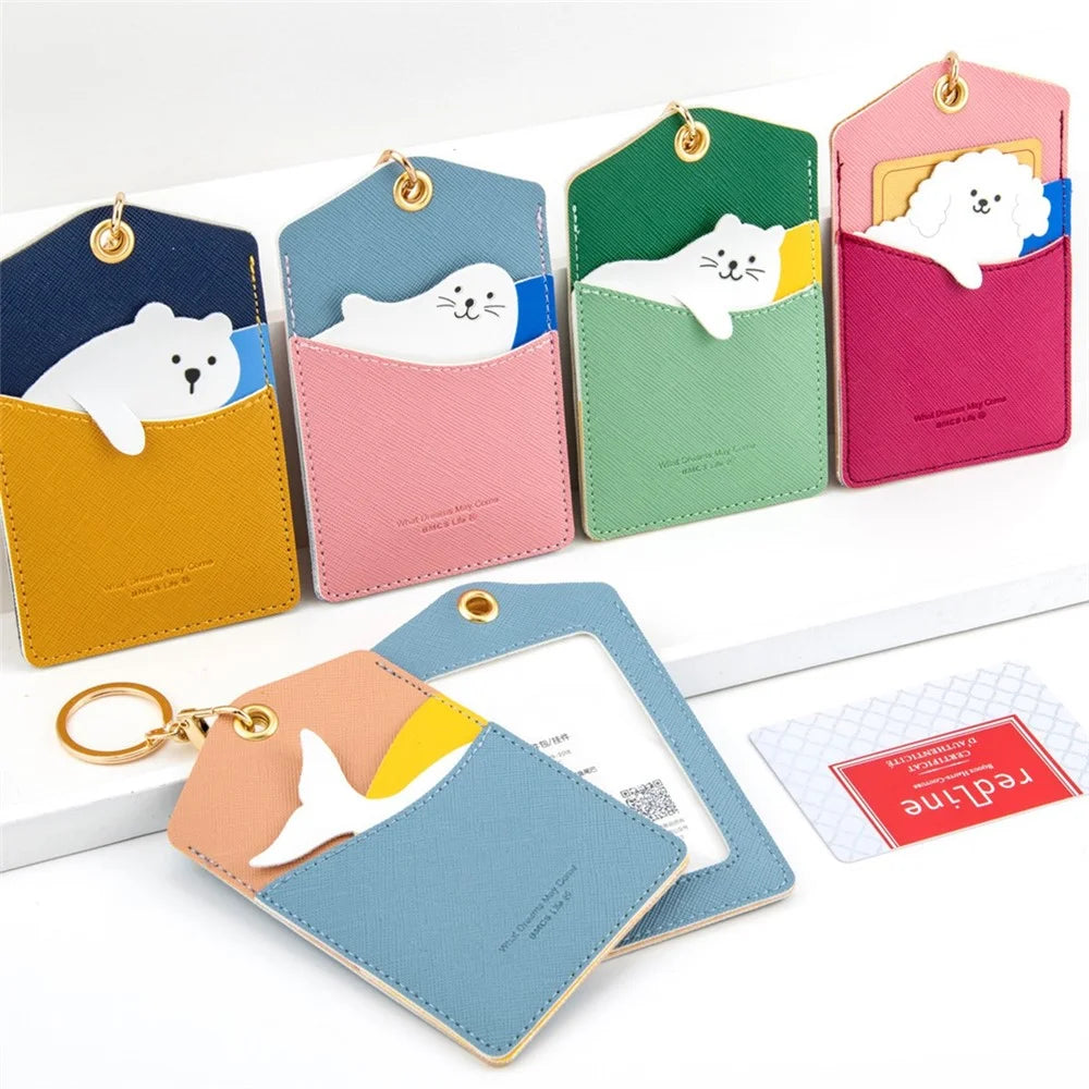 Cute Cartoon Animal ID Badge Holder with Key Ring PU Leather Card Holder Case - Bear - 6