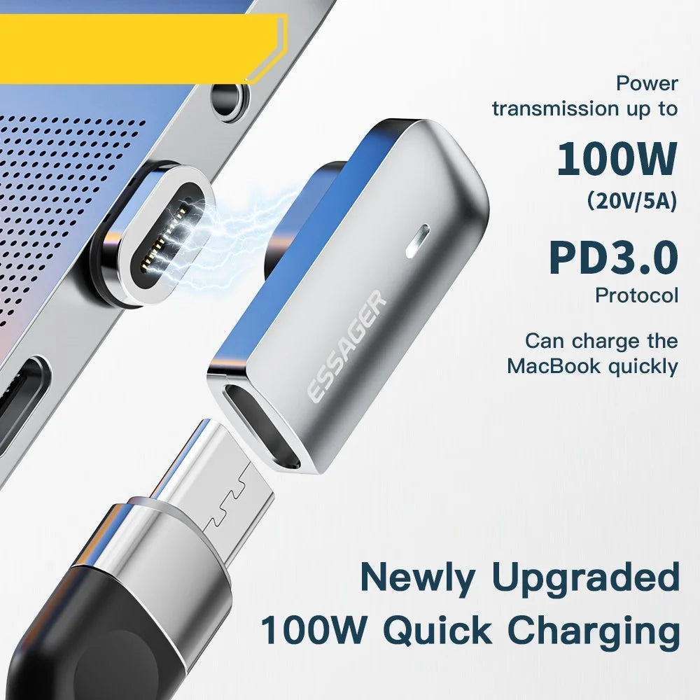 ESSAGER 100W Curved Magnetic Adapter with LED Indicator Thunderbolt 3 Magnetic Converter Support 20Gbps Transmission, 4K / 60Hz for Cellphones, Tablets, Laptops - 4