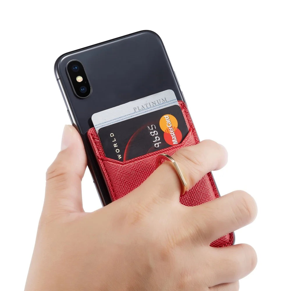 MUXMA MX112 Ring Stand Credit Card Holder Cross Texture RFID Blocking Adhesive Phone Card Holder - Red - 3