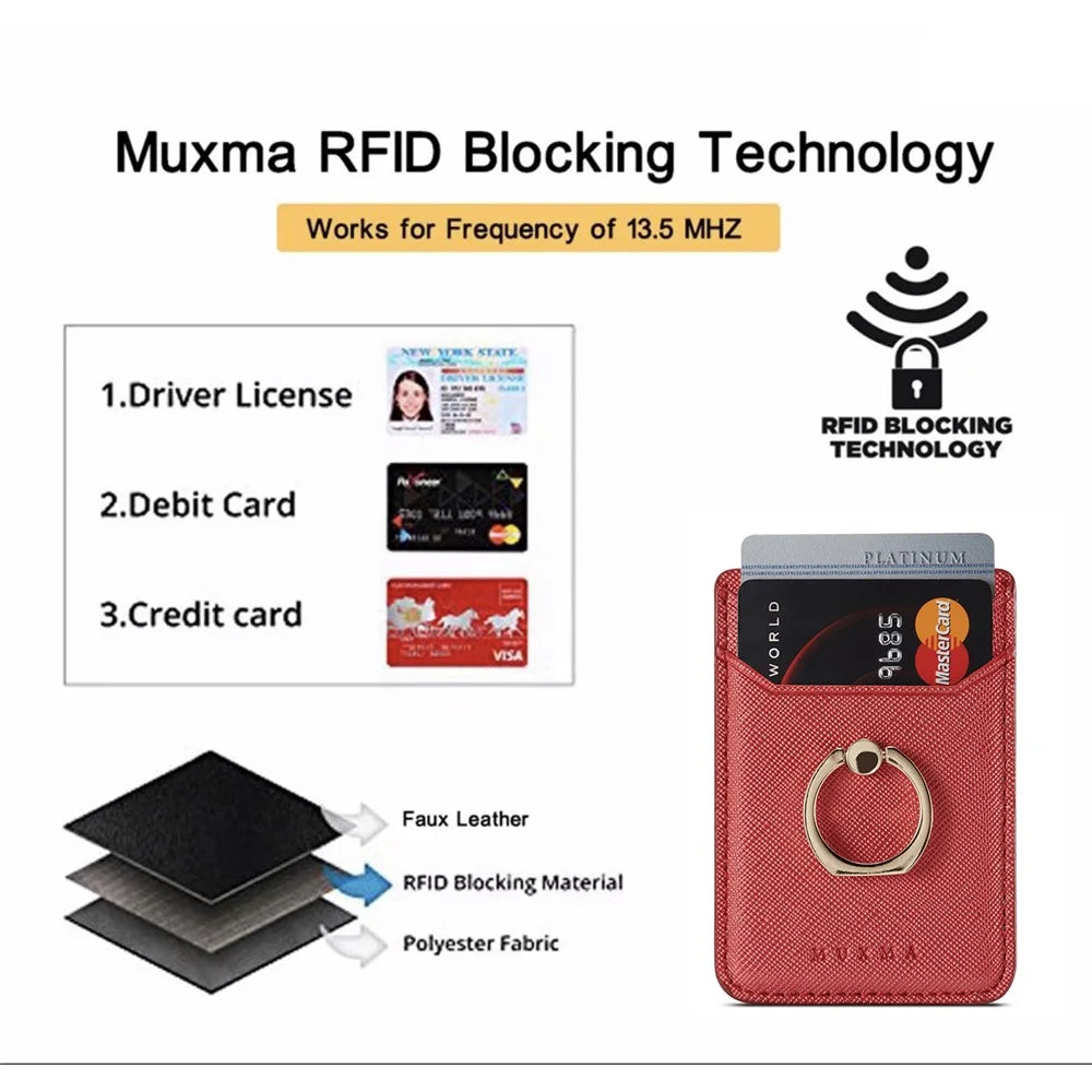 MUXMA MX112 Ring Stand Credit Card Holder Cross Texture RFID Blocking Adhesive Phone Card Holder - Red - 4