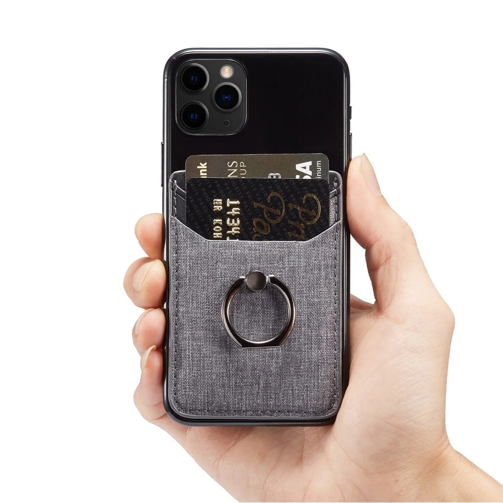 MUXMA MX112 Adhesive Phone Card Holder Canvas Texture Ring Stand RFID Blocking Card Slot - Black - 4