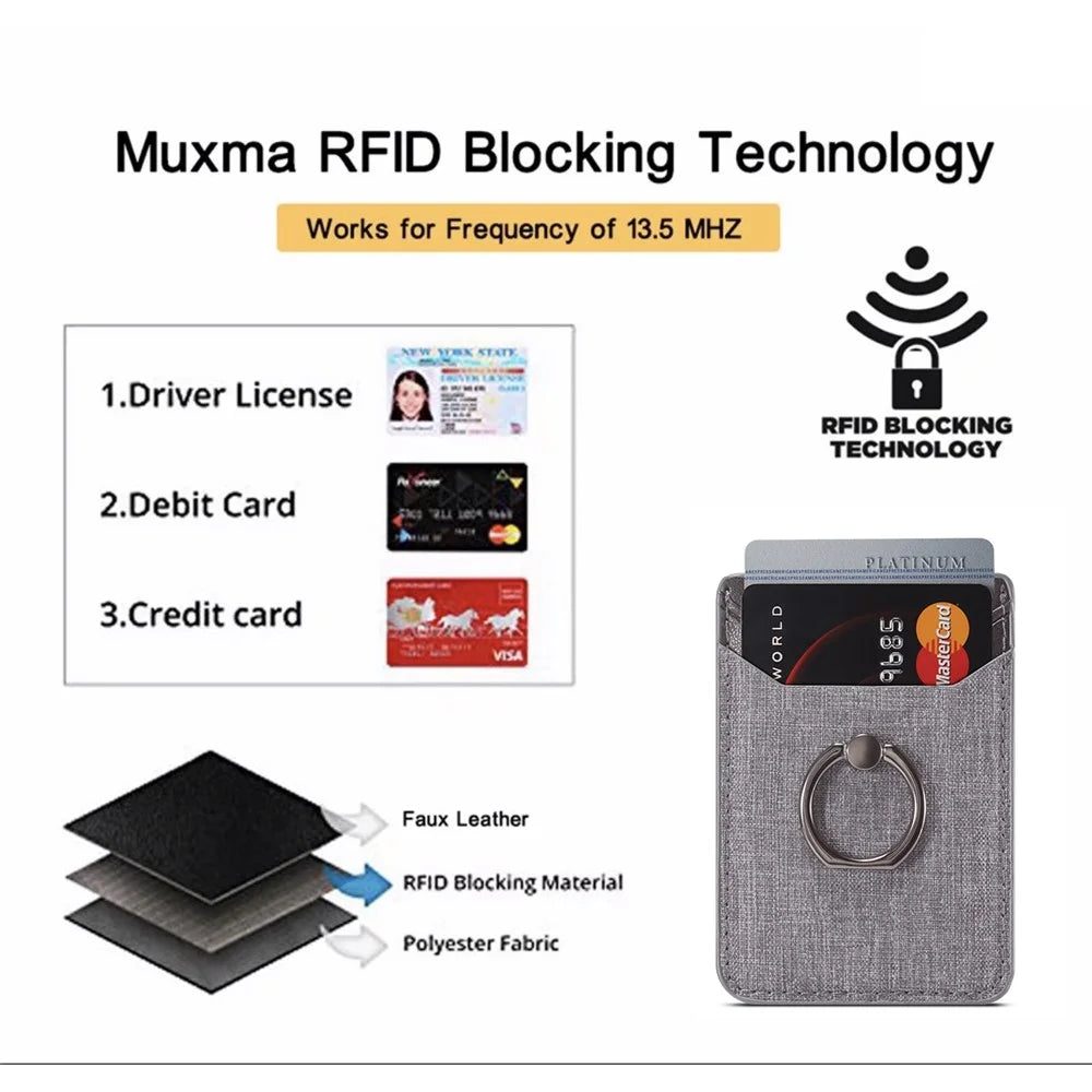 MUXMA MX112 Adhesive Phone Card Holder Canvas Texture Ring Stand RFID Blocking Card Slot - Black - 5