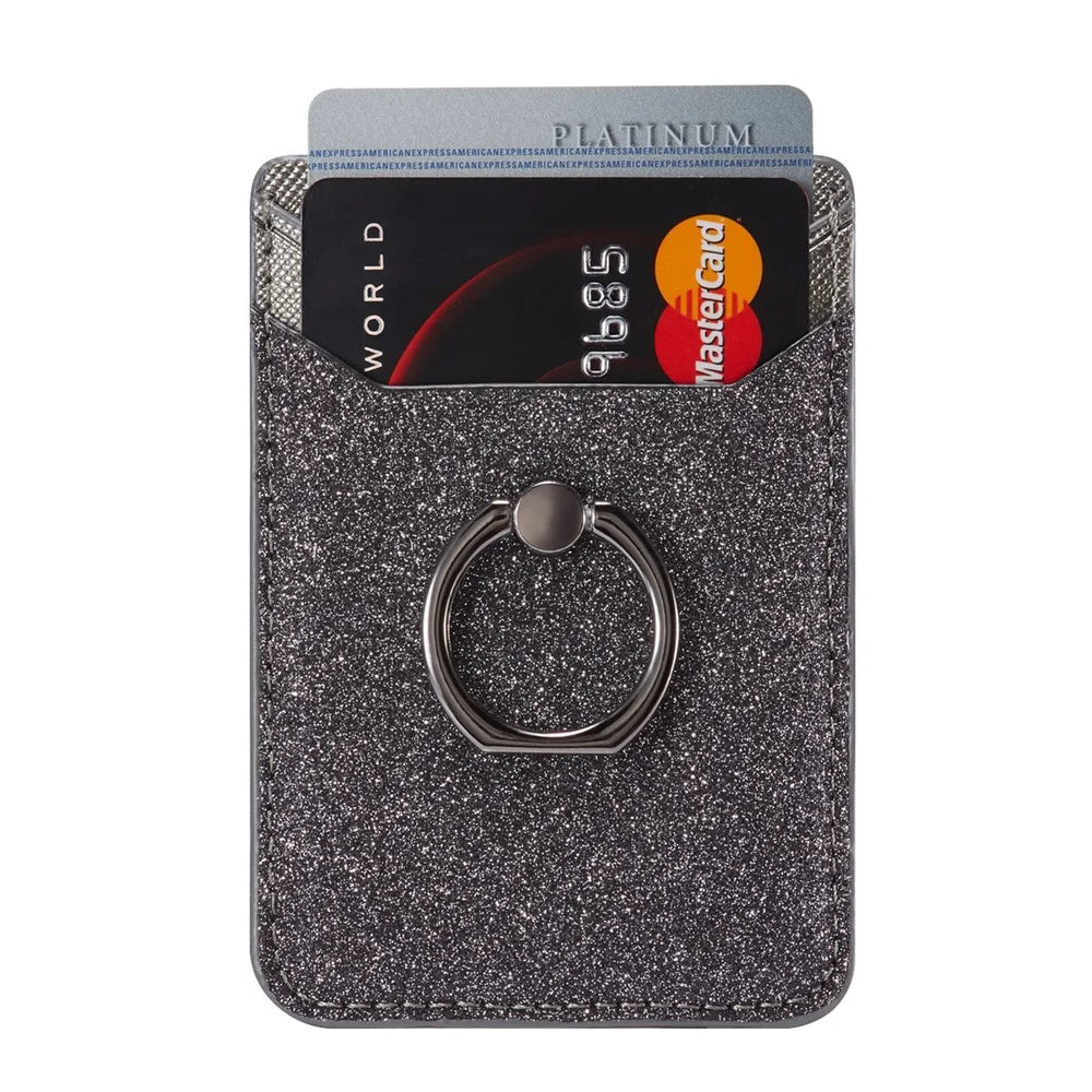 MUXMA MX112 Ring Stand Phone Card Holder Sand Texture PU Leather  RFID Blocking Adhesive Card Pocket - Black - 1