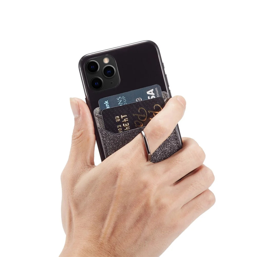 MUXMA MX112 Ring Stand Phone Card Holder Sand Texture PU Leather  RFID Blocking Adhesive Card Pocket - Black - 3