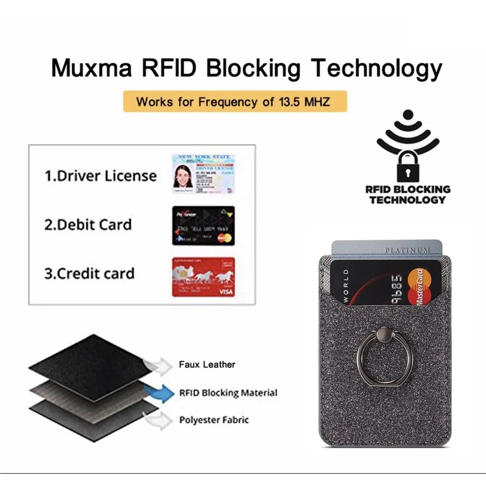 MUXMA MX112 Ring Stand Phone Card Holder Sand Texture PU Leather  RFID Blocking Adhesive Card Pocket - Black - 6