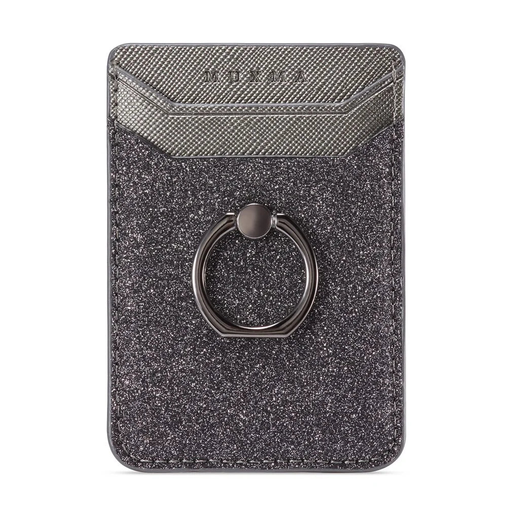 MUXMA MX112 Ring Stand Phone Card Holder Sand Texture PU Leather  RFID Blocking Adhesive Card Pocket - Black - 7