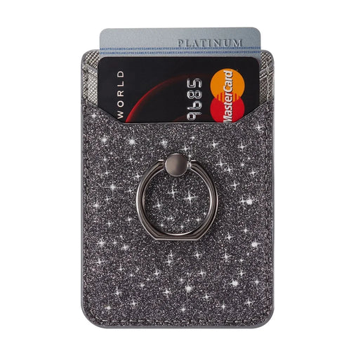 MUXMA MX112 RFID Blocking Adhesive Phone Card Holder Glittery Bling PU Leather Card Slot Pocket with Ring Stand - Black - 1