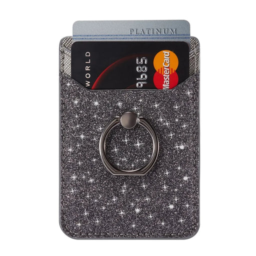 MUXMA MX112 RFID Blocking Adhesive Phone Card Holder Glittery Bling PU Leather Card Slot Pocket with Ring Stand - Black - 1
