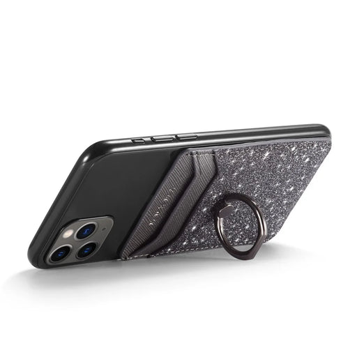 MUXMA MX112 RFID Blocking Adhesive Phone Card Holder Glittery Bling PU Leather Card Slot Pocket with Ring Stand - Black - 2