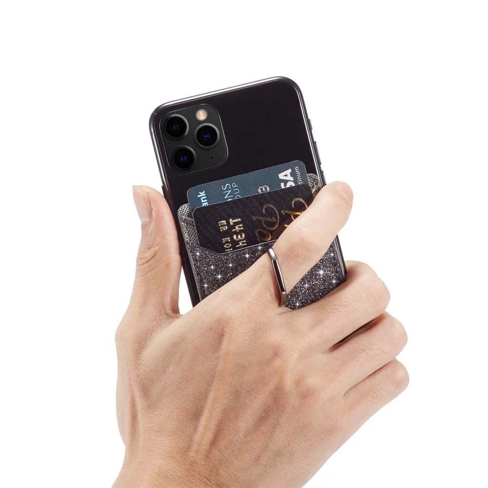 MUXMA MX112 RFID Blocking Adhesive Phone Card Holder Glittery Bling PU Leather Card Slot Pocket with Ring Stand - Black - 3