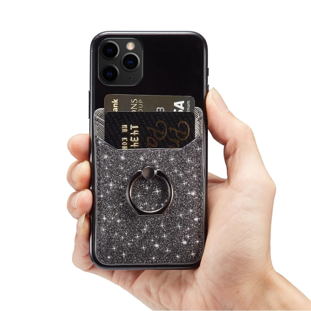 MUXMA MX112 RFID Blocking Adhesive Phone Card Holder Glittery Bling PU Leather Card Slot Pocket with Ring Stand - Black - 4